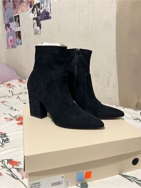 Women's Black Suede Pointed-Toe Ankle Booties with Block Heel